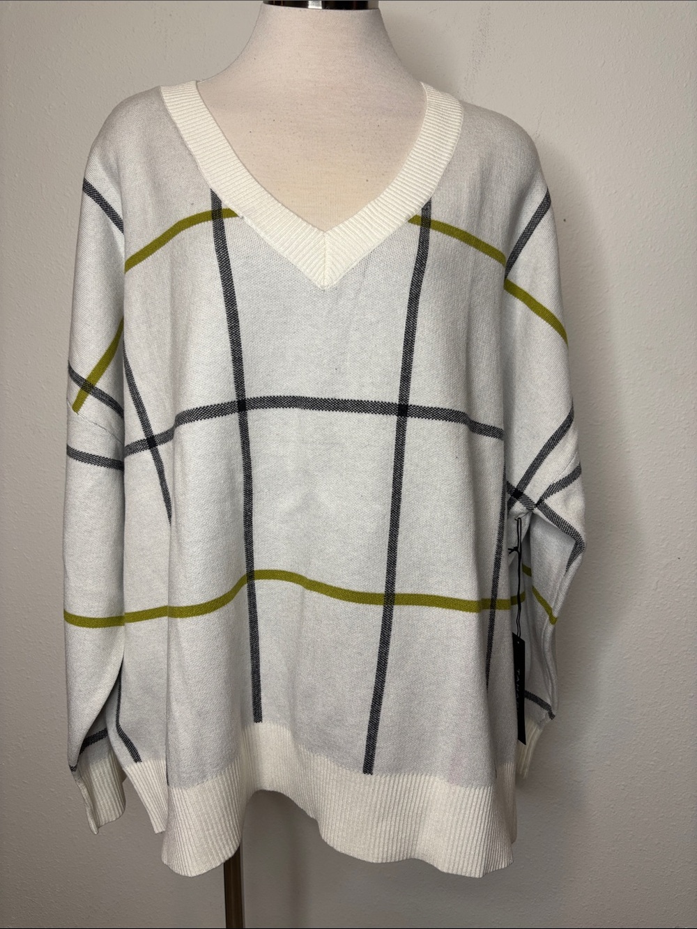 Tahari Cream V-Neck Windowpane Sweater with Olive and Charcoal Stripes
